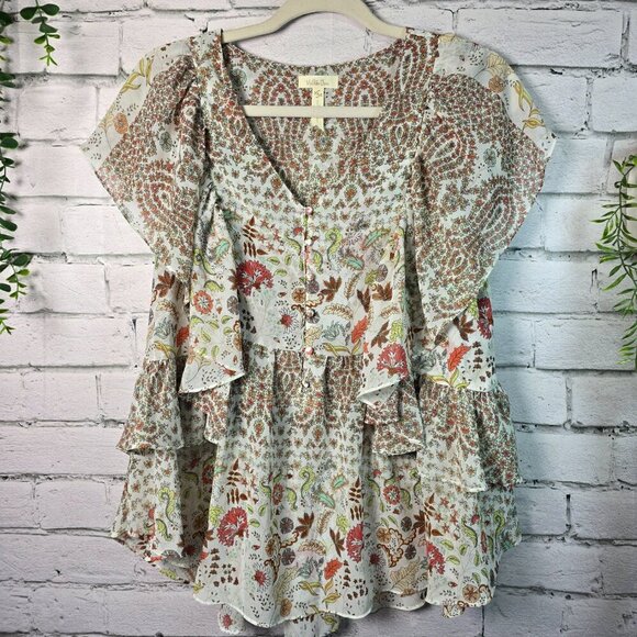 MATILDA JANE BLOUSE FLORAL LAYERED RUFFLED TOP WOMENS SIZE SMALL MULTICOLOR - Picture 1 of 7